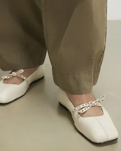 Cream Eyelet Bow Square Toe Ballet Pumps