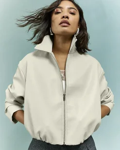 Cream Faux Leather Bubble Hem Bomber Jacket
