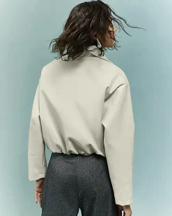Cream Faux Leather Bubble Hem Bomber Jacket