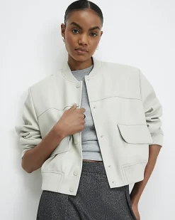 Cream Faux Leather Cropped Bomber Jacket