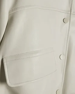 Cream Faux Leather Cropped Bomber Jacket