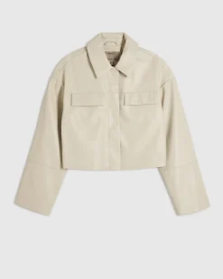 Cream Faux Leather Cropped Overshirt