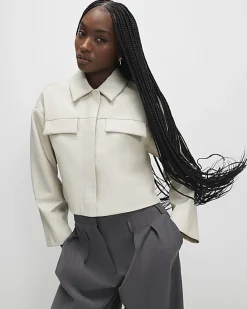 Cream Faux Leather Cropped Overshirt