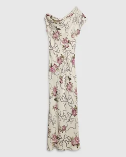 Cream Floral Asymmetric Neck Maxi Slip Dress