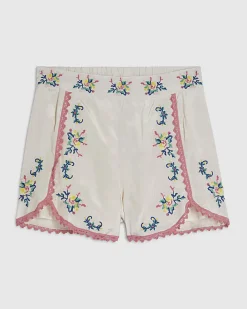Cream Floral Embroidered Shorts