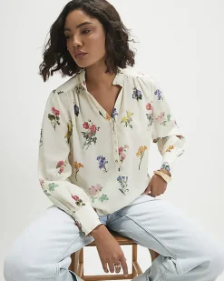 Cream Floral Long Sleeve Blouse