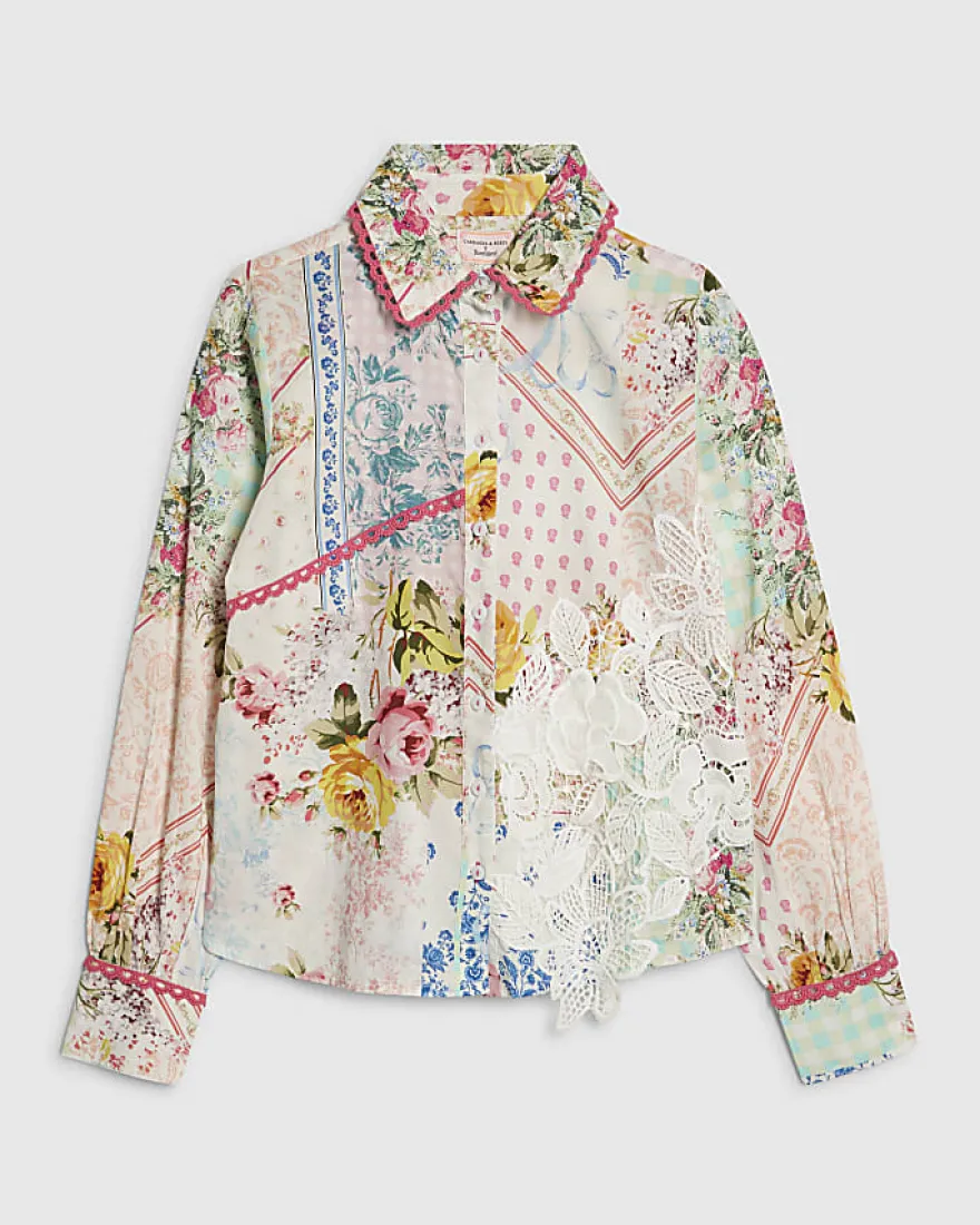 Cream Floral Patchwork Print Cotton Shirt