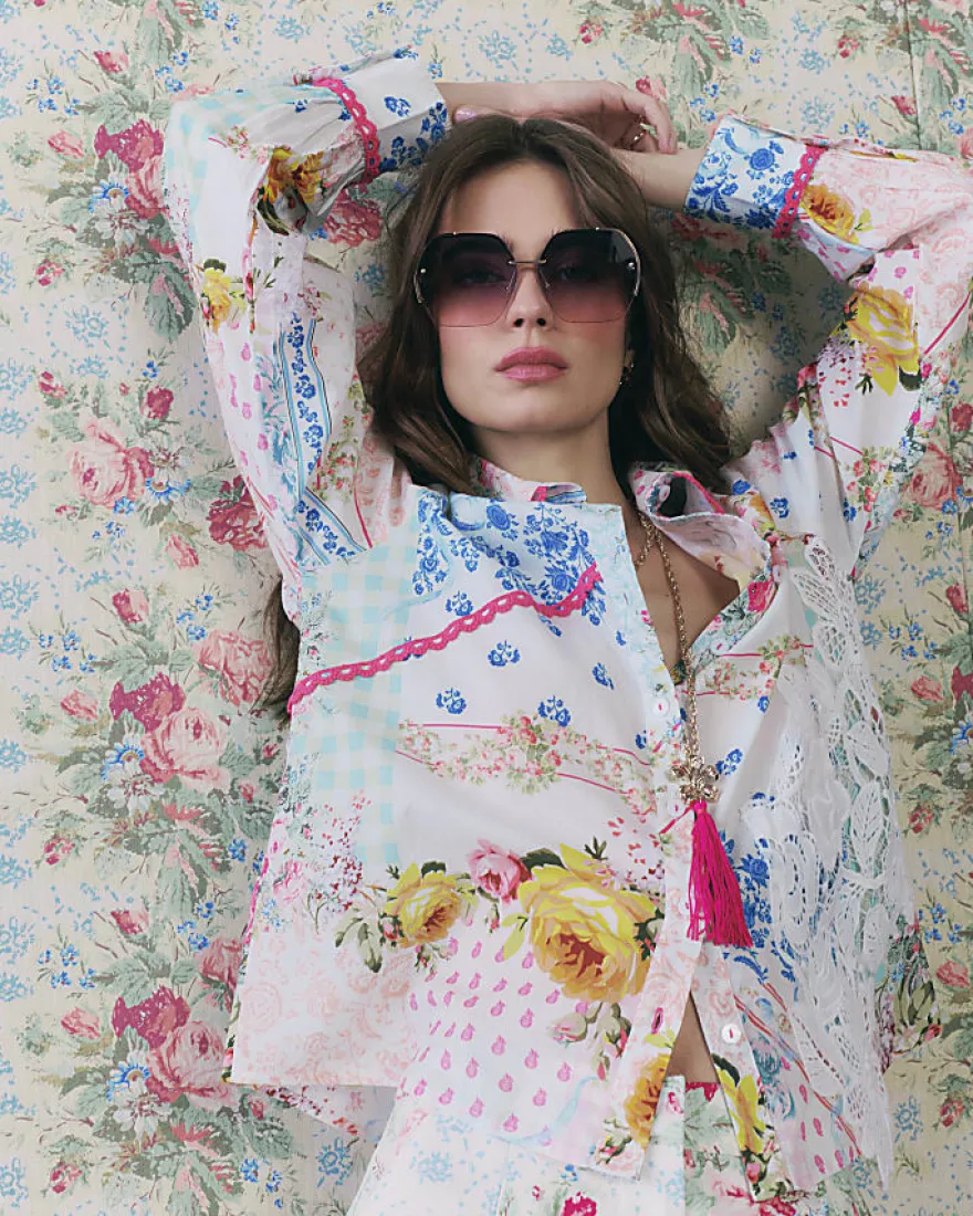 Cream Floral Patchwork Print Cotton Shirt