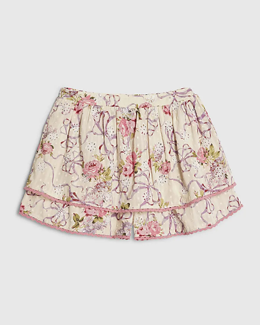 Cream Floral Printed Cotton Ruffle Shorts