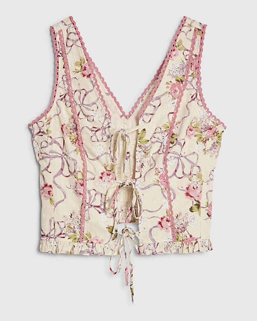 Cream Floral Printed Cotton Corset Top
