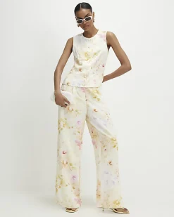 Cream Floral Scallop Trim Wide Leg Trousers