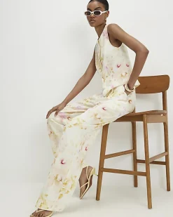 Cream Floral Scallop Trim Wide Leg Trousers