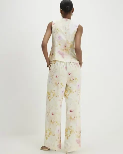 Cream Floral Scallop Trim Wide Leg Trousers