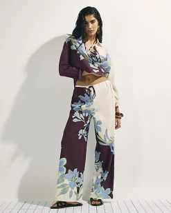 Cream Floral Wide Leg Beach Trousers