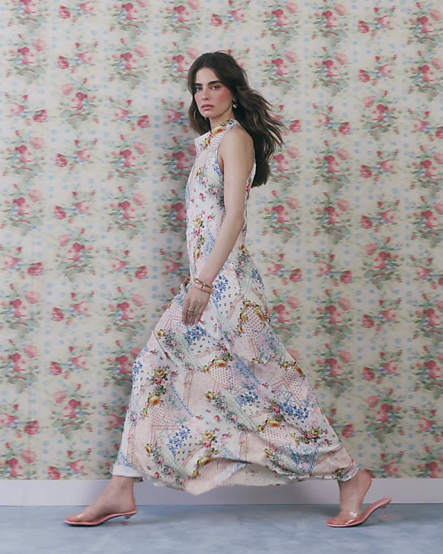 Cream Halter Neck Slip Floral Dress