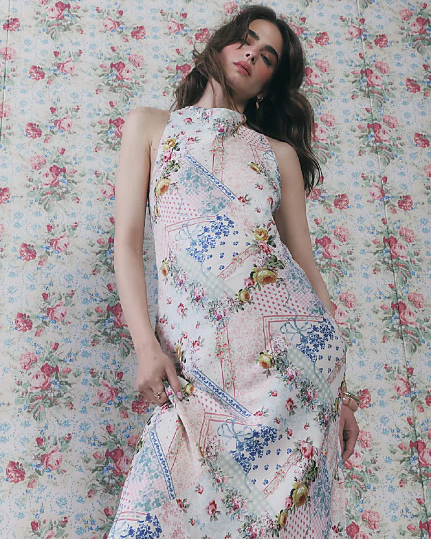 Cream Halter Neck Slip Floral Dress