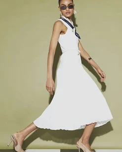 Cream Knitted Belted Pleat Hem Midi Dress