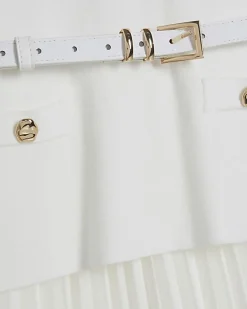 Cream Knitted Belted Pleat Hem Midi Dress