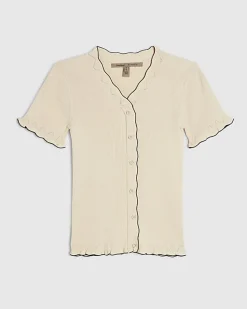 Cream Knitted Frill Trim Ribbed Top