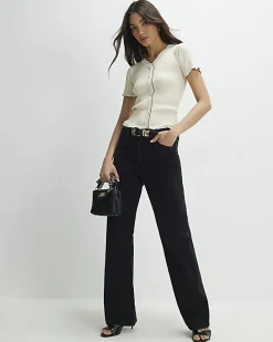 Cream Knitted Frill Trim Ribbed Top
