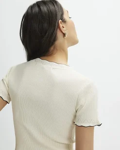 Cream Knitted Frill Trim Ribbed Top