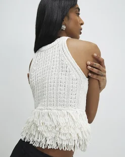 Cream Knitted Fringe Trim Vest Top