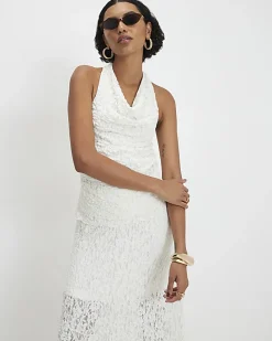 Cream Lace Halter Cowl Neck Top