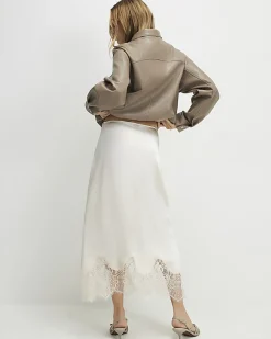 Cream Lace Satin Midi Skirt