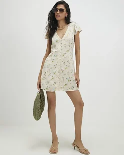 Cream Lace Trim Floral Print Mini Dress