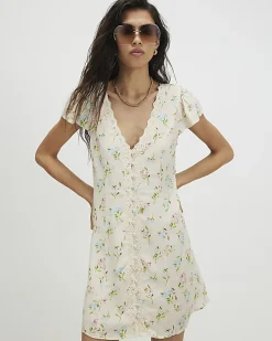 Cream Lace Trim Floral Print Mini Dress