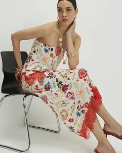 Cream Lace Trim Printed Slip Skirt