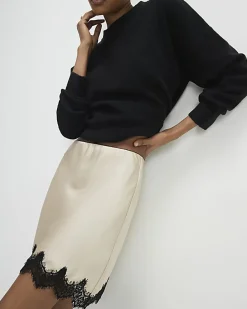 Cream Lace Trim Satin Mini Skirt