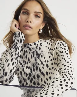Cream leopard Print Long Sleeve Ribbed Top