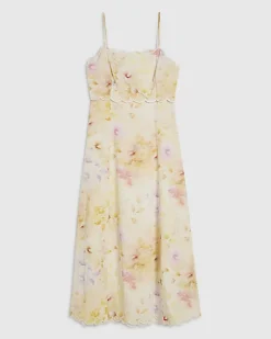 Cream Linen Blend Floral Scallop Midi Dress