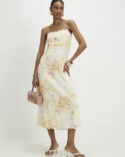 Cream Linen Blend Floral Scallop Midi Dress