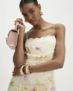 Cream Linen Blend Floral Scallop Midi Dress