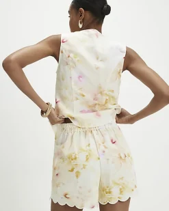 Cream Linen Blend Floral Scallop Trim Shorts