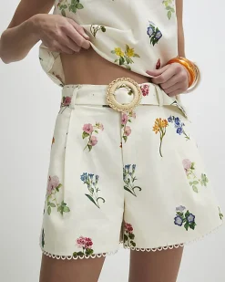 Cream Linen Blend Floral Belted Shorts