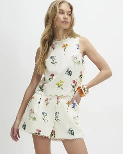 Cream Linen Blend Floral Print Tank Top