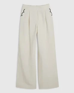 Cream Linen Blend Scallop Wide Leg Trousers