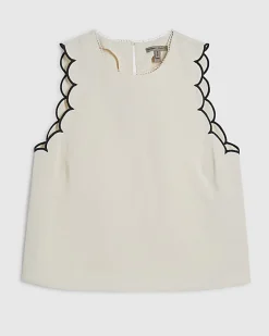 Cream Linen Blend Scallop Trim Tank Top