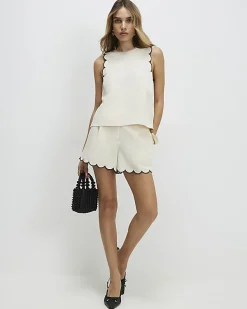 Cream Linen Blend Scallop Trim Tank Top