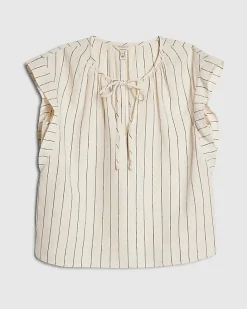 Cream Linen Blend Striped Tie Neck Top