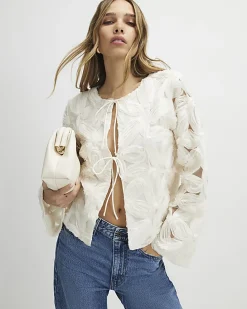 Cream Long Sleeve 3D Floral Jacket