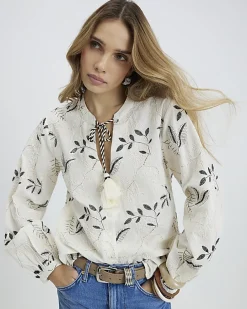 Cream Long Sleeve Embroidered Blouse