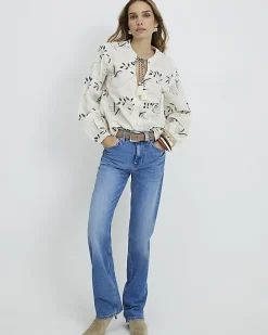 Cream Long Sleeve Embroidered Blouse