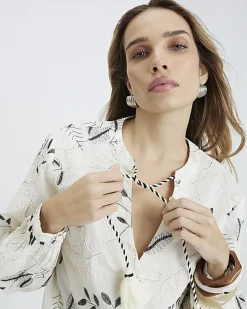 Cream Long Sleeve Embroidered Blouse