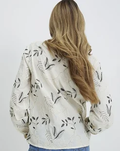 Cream Long Sleeve Embroidered Blouse