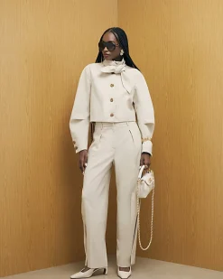 Cream Long Sleeve Herringbone Tie Neck Jacket