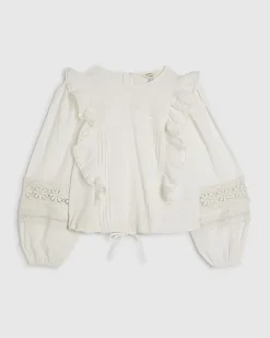 Cream Long Sleeve Ruffle Blouse